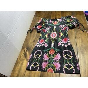 Hutch Black Multicolor Floral Tie Sleeve Ellia Satin Mini Dress Size Small